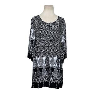 Simply Aster black white print 3/4 sleeves boho mini dress size XL